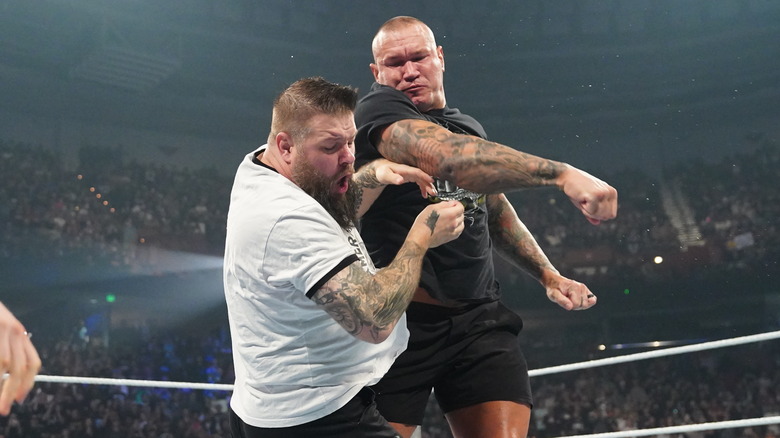 Randy Orton punches Kevin Owens during Smackdown at Bon Secours Wellness Arena on October 11, 2024 in Greenville, South Carolina.